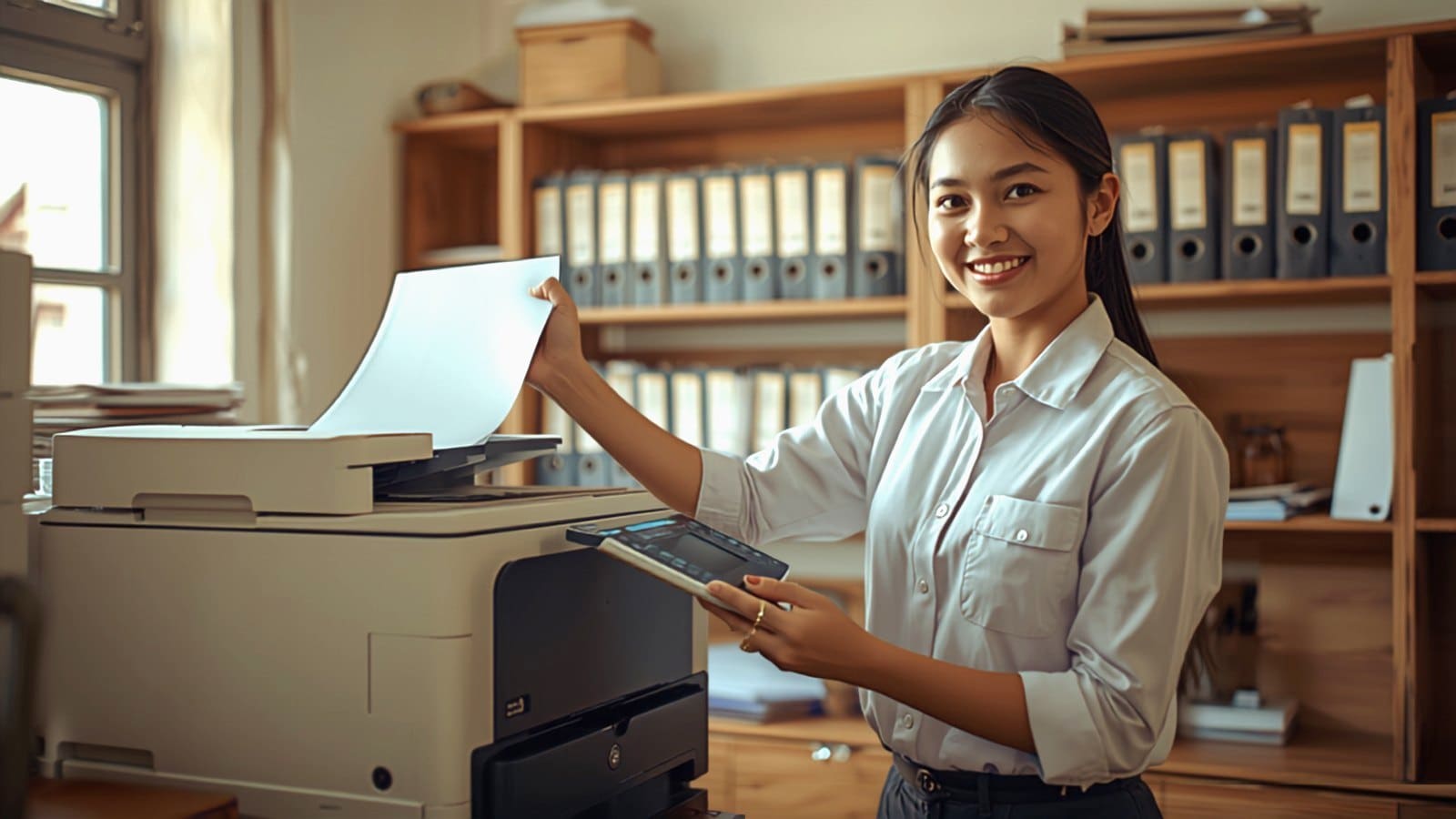 A freshly printed stack of documents being lifted from the copier at the Chinaki counter.