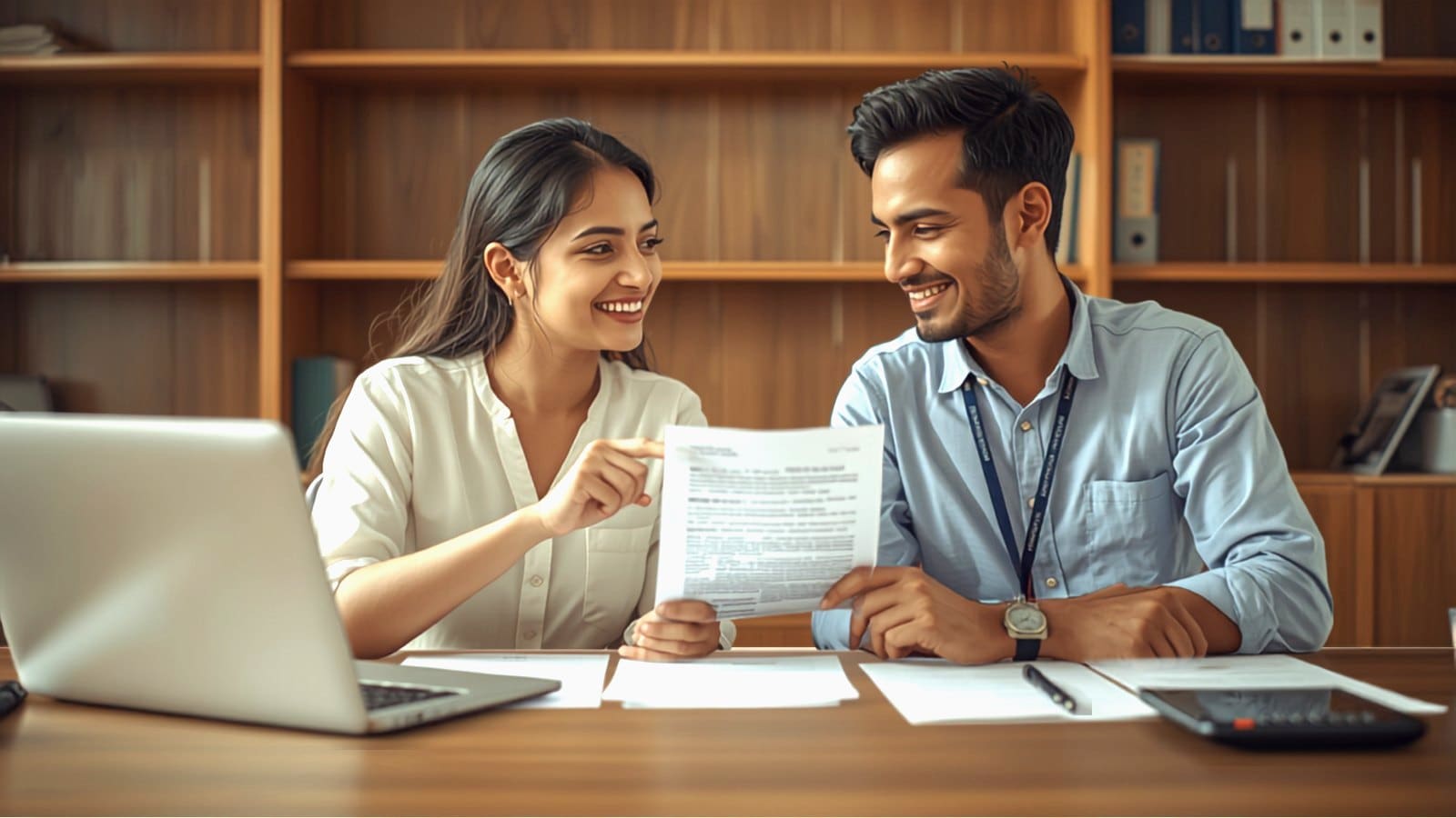 A Chinaki assistant going through a provident fund statement with an employee at a desk.