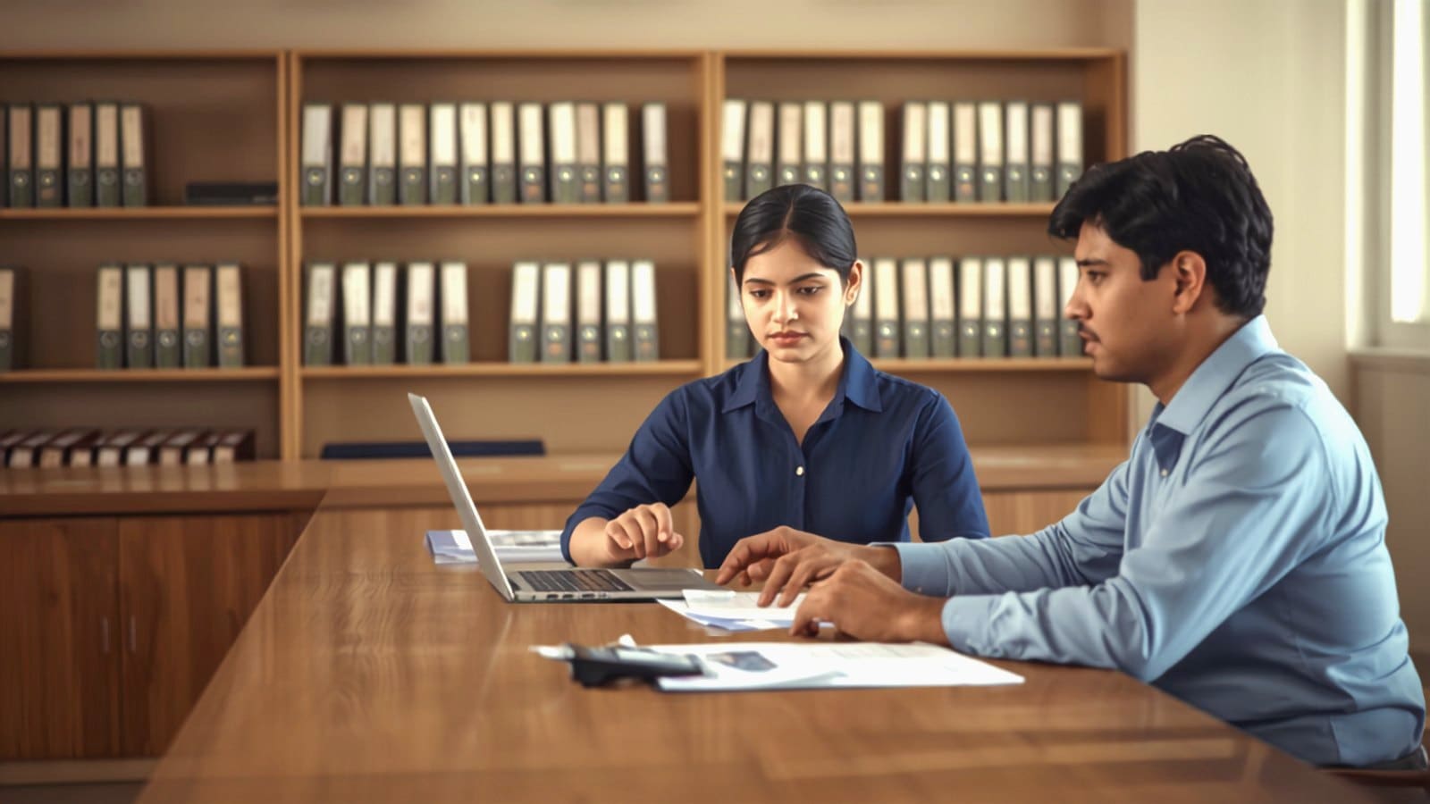 A Chinaki assistant at a laptop working through a customer's return with him at the counter, his papers spread in front of him.